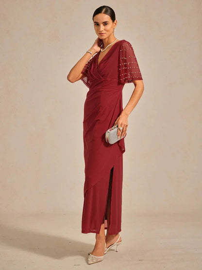 Elegant Formal Dress with Embellished Flutter Sleeves