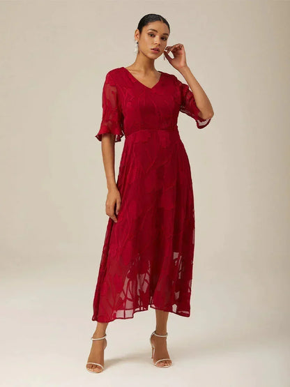 Ruffle Flutter Lace Midi Dress