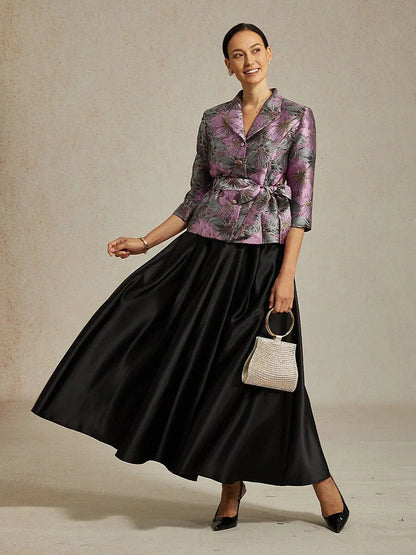 Dreiviertelärmelige Bluse mit floralem Jacquardmuster und Bindegürtel