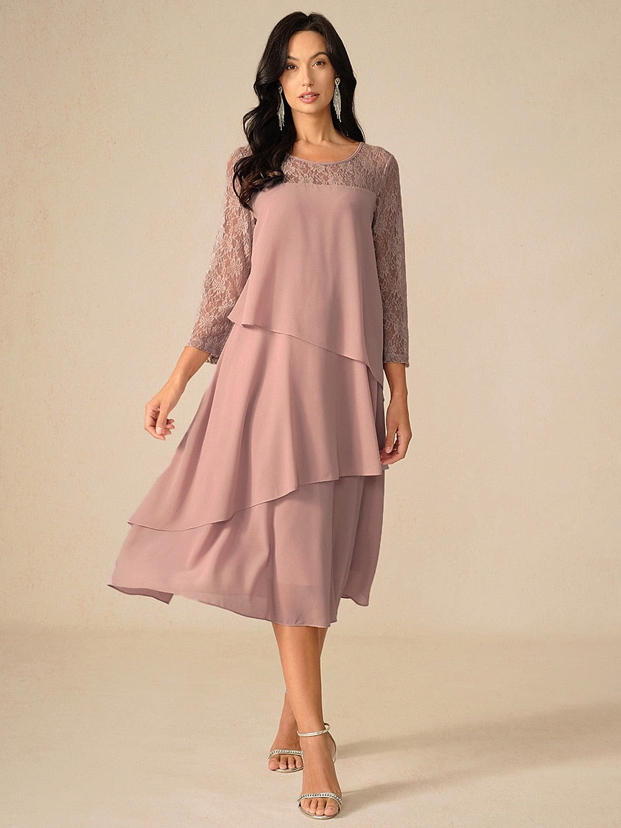 Layered Lace Sleeve Chiffon Dress