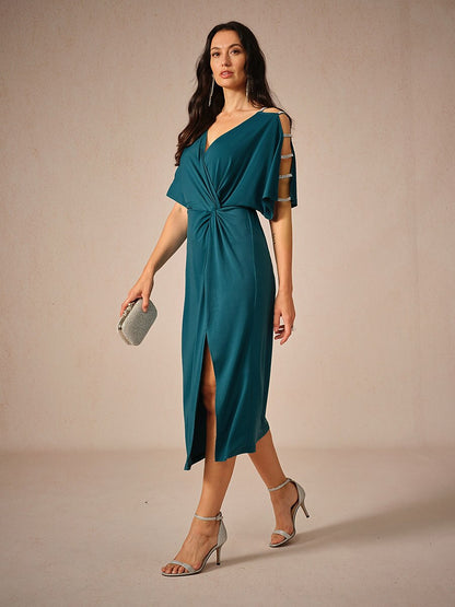 Stretch Knot Front Dress with Front Slit & Embellished Sleeve Cutouts
