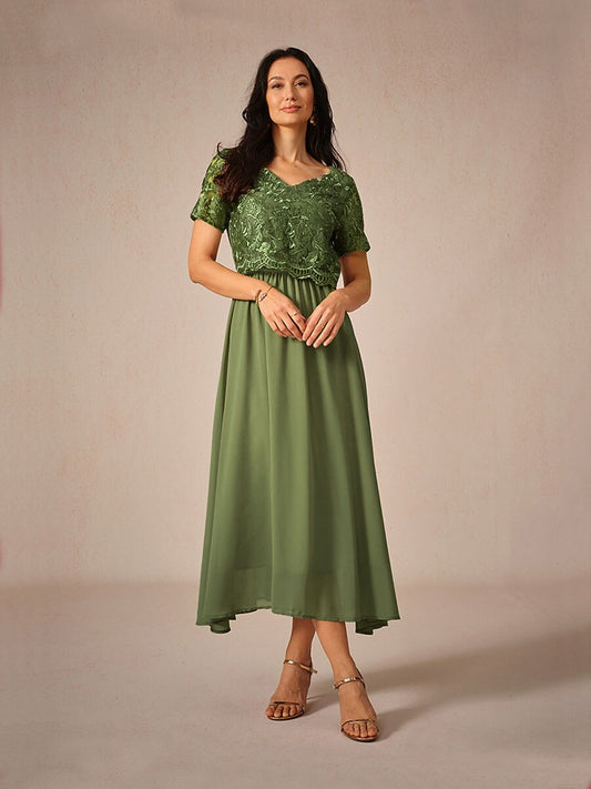 Chiffon Lace V Neck Short Sleeve Flared Midi Dress