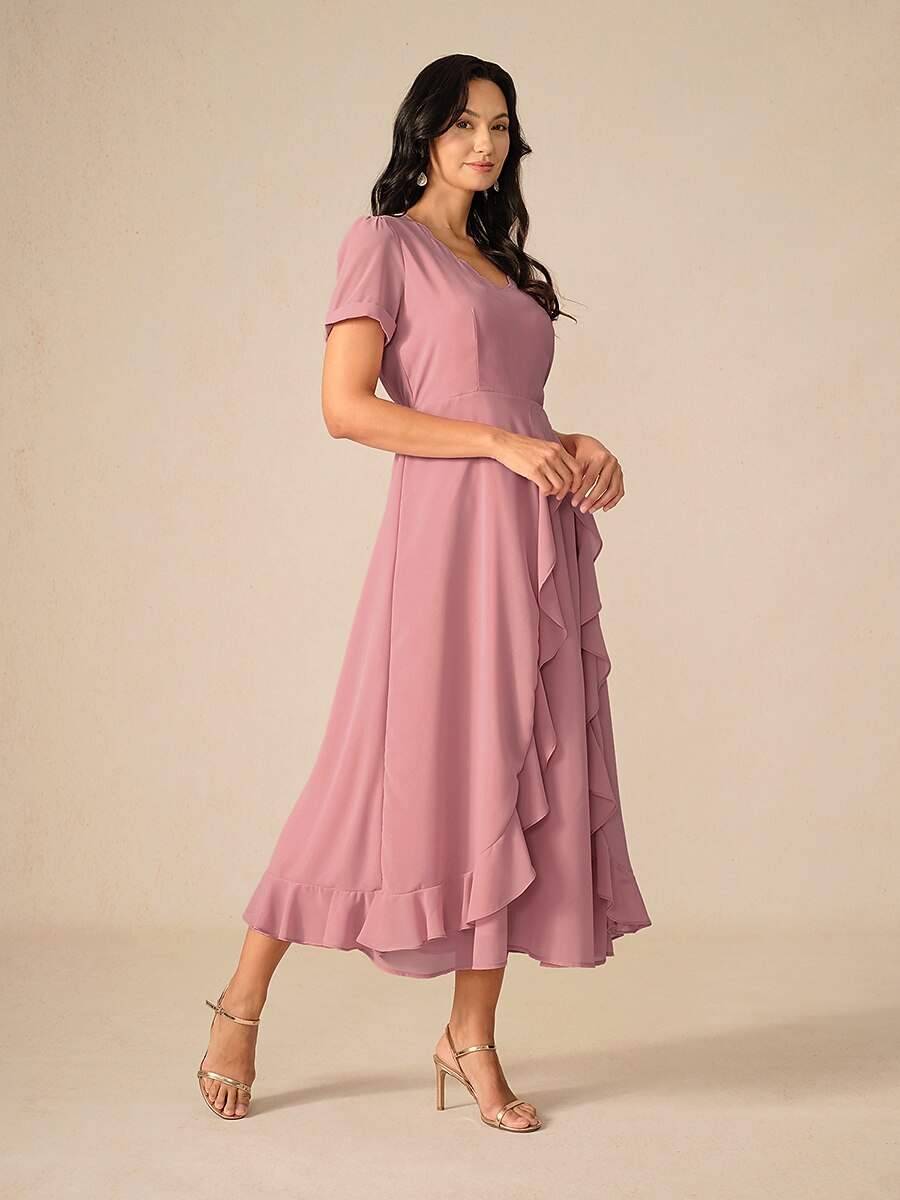 Asymmetrical Ruffle V Neck Blush Pink Maxi Dress