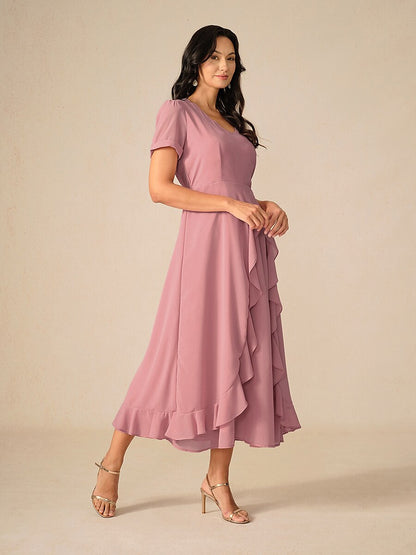 Asymmetrical Ruffle V Neck Blush Pink Maxi Dress
