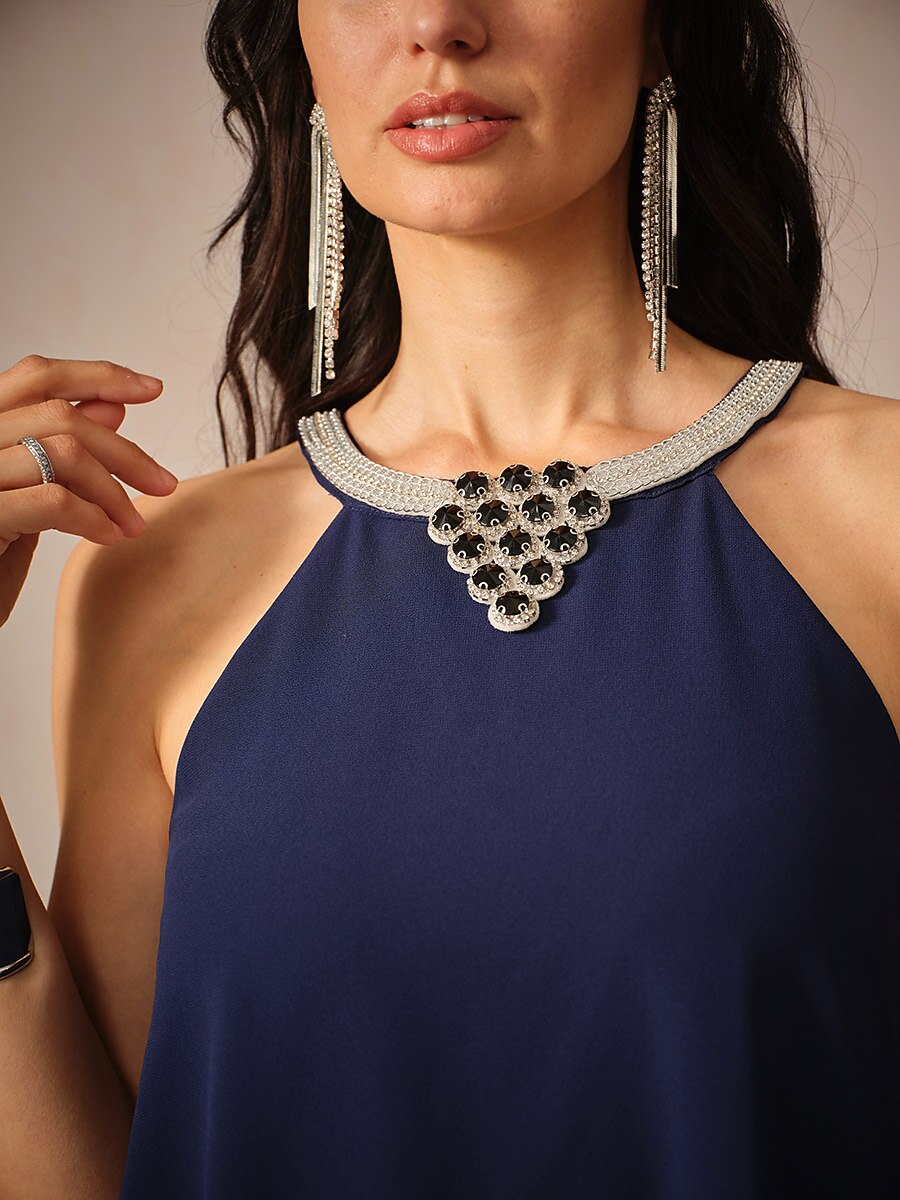 Chiffon Solid Sleeveless Halter Neck Navy Blue Dress