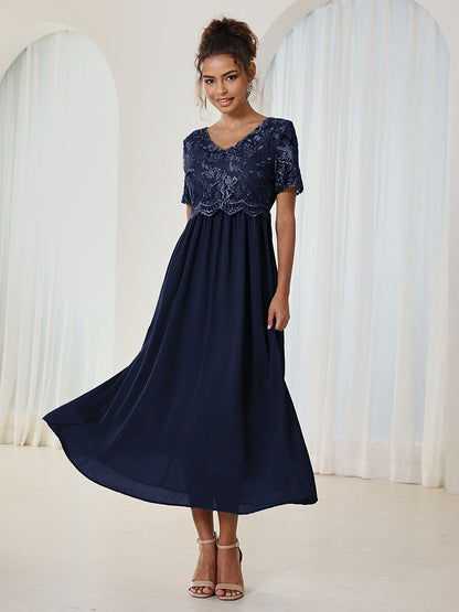 Chiffon Lace V Neck Short Sleeve Flared Midi Dress