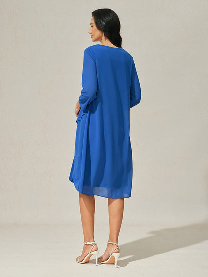 3/4 Sleeve Knee-Length Chiffon Dress with Rhinestone