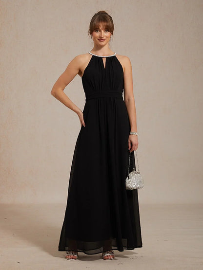 Chiffon Pearl Halter Neck Floor-Length Dress with Wrinkle Resistant chiffon