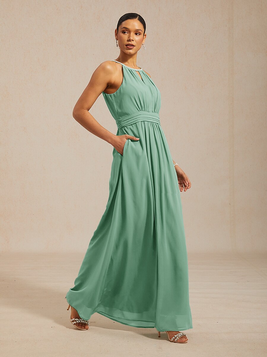 Chiffon Pearl Halter Neck Floor-Length Dress