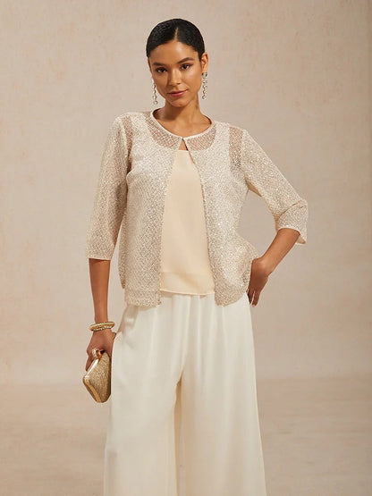 Sequin Mesh Round Neck 3/4 Sleeve Twinset