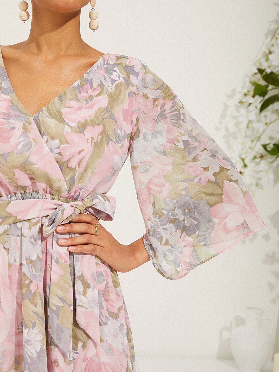 Floral V-Neck Ruffle Chiffon Maxi Dress