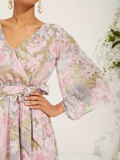 Floral V-Neck Ruffle Chiffon Maxi Dress