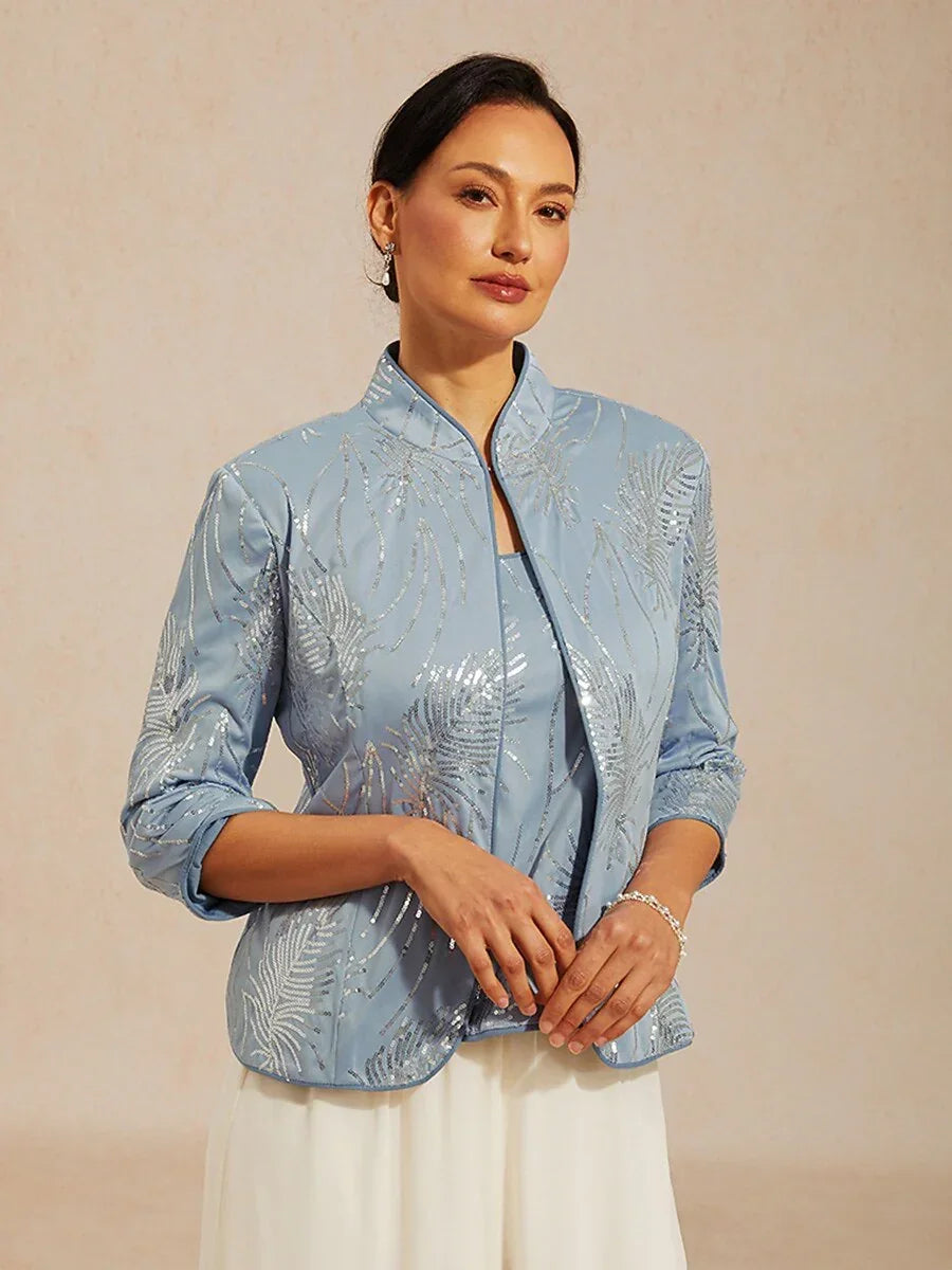 Elegant Mandarin Collar Sequin Twinset