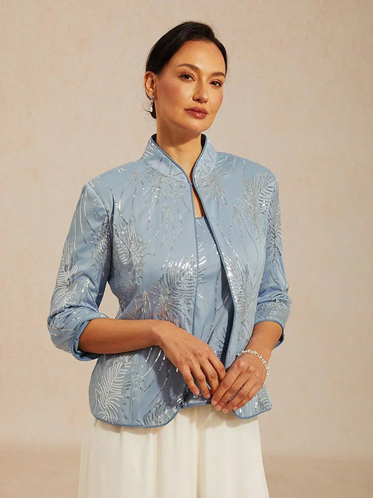 Elegant Mandarin Collar Sequin Twinset