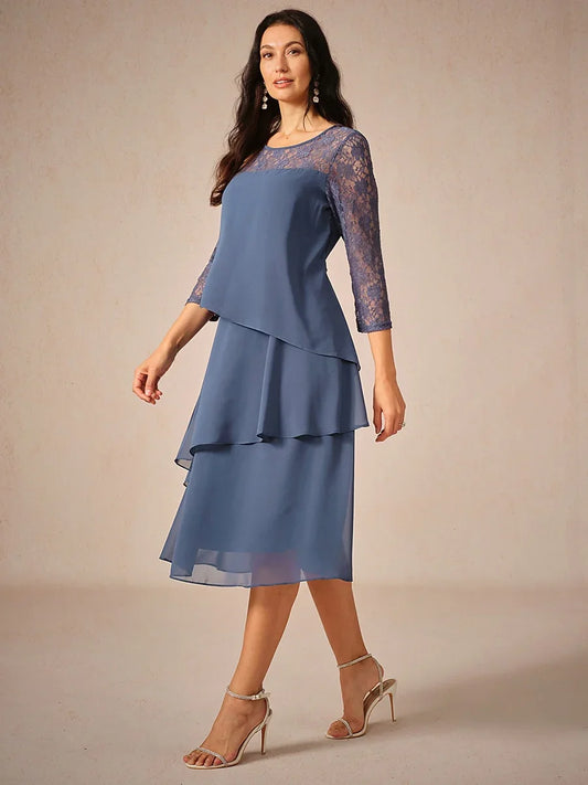 Layered Lace Sleeve Chiffon Dress