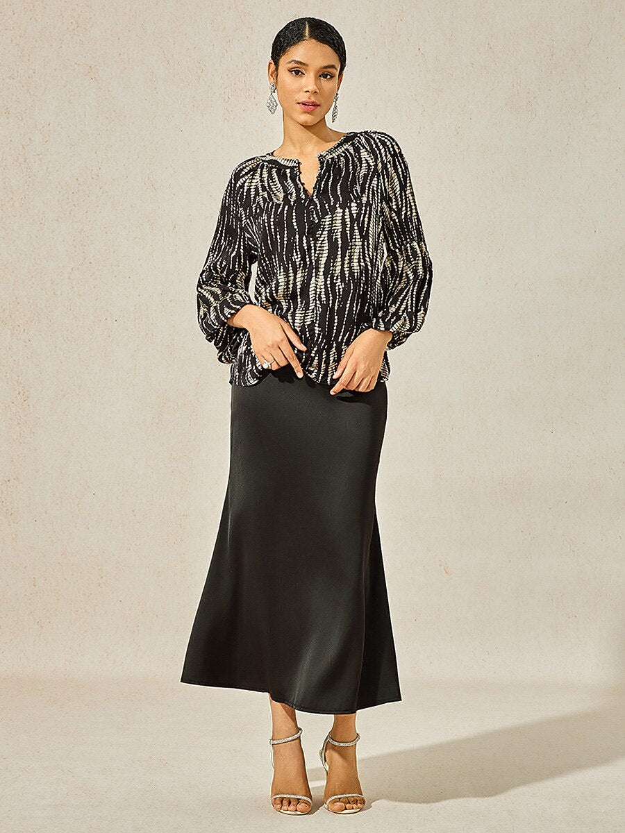 Satin Lantern Sleeve Notched Collar Buttoned Blouse