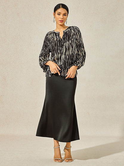 Satin Lantern Sleeve Notched Collar Buttoned Blouse