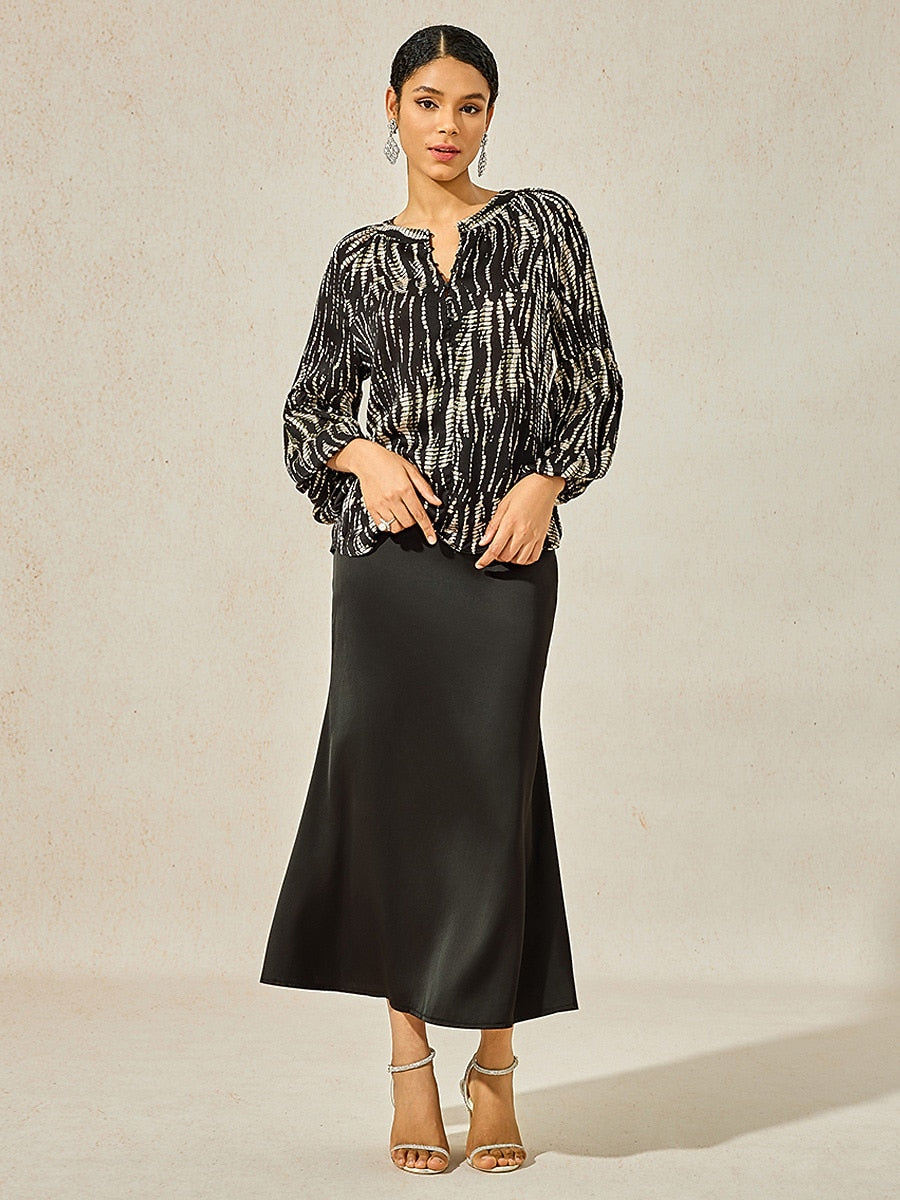 Satin Lantern Sleeve Notched Collar Buttoned Blouse