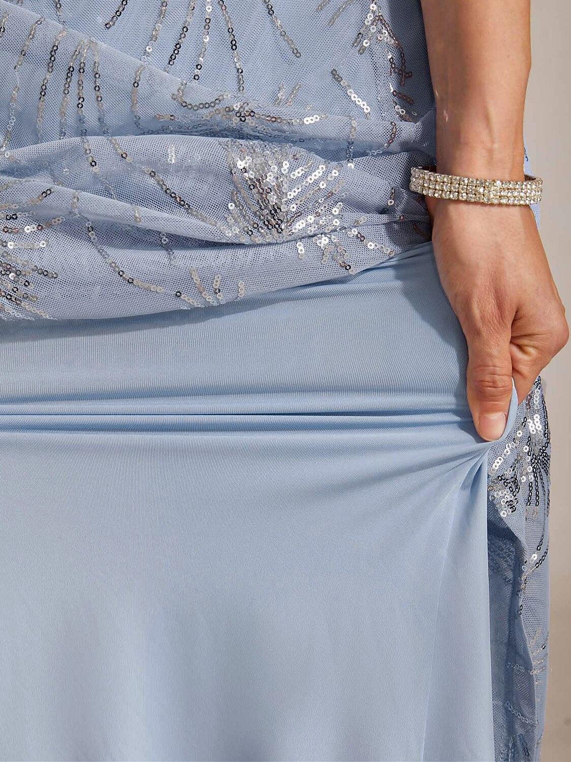Short Sleeve A-Line Maxi Dress with Mesh Sequin Detail