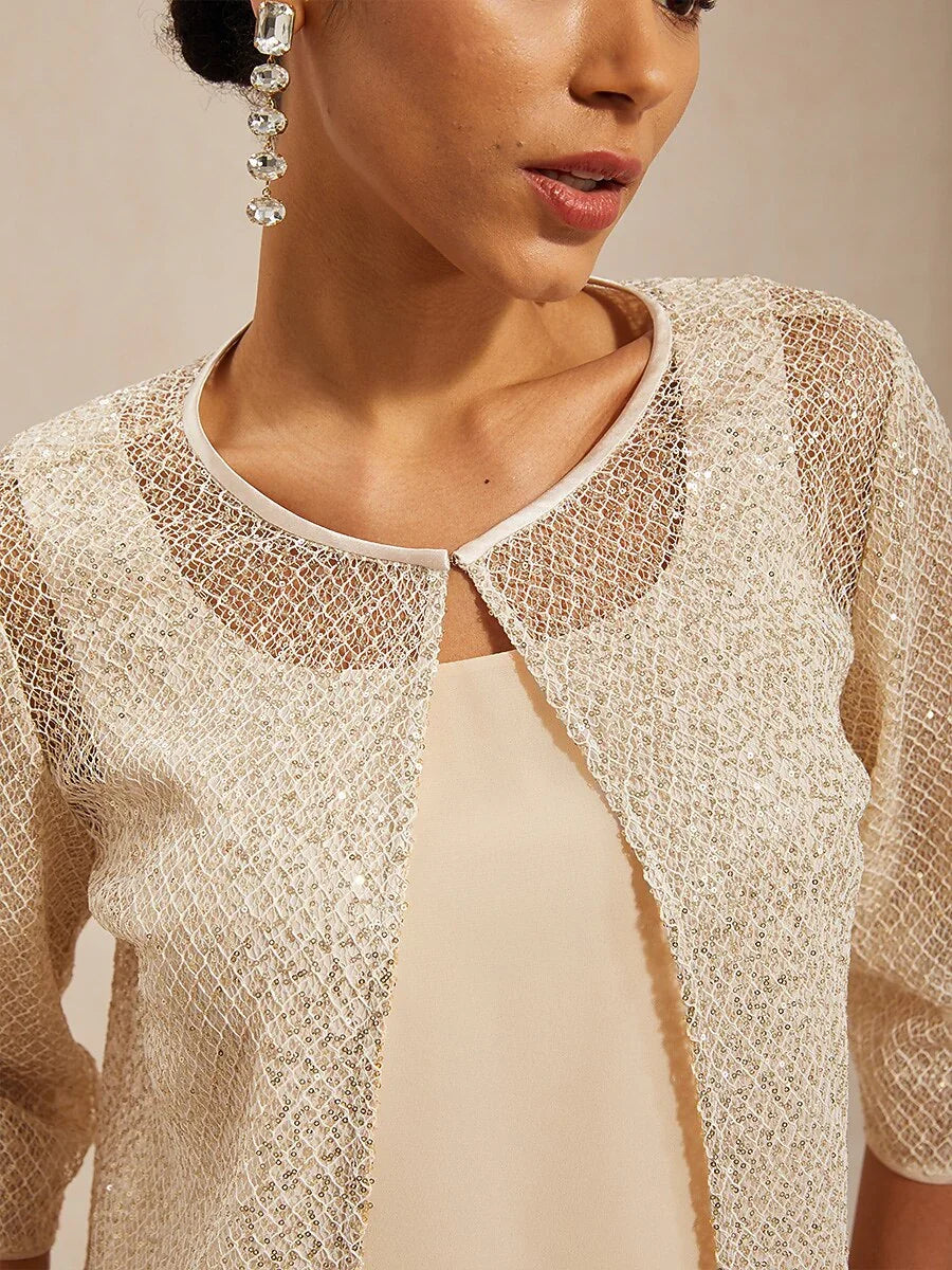 Sequin Mesh Round Neck 3/4 Sleeve Twinset
