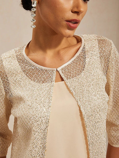 Sequin Mesh Round Neck 3/4 Sleeve Twinset