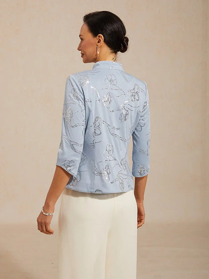 Elegant Mandarin Collar Sequin Twinset