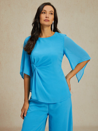 Blue Ruched Crew Neck Two-piece Set