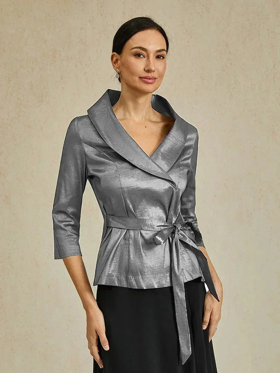 3/4 Sleeve Stretch Taffeta Blouse with Tie Waist Detail