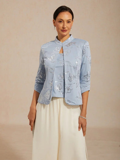 Elegant Mandarin Collar Sequin Twinset