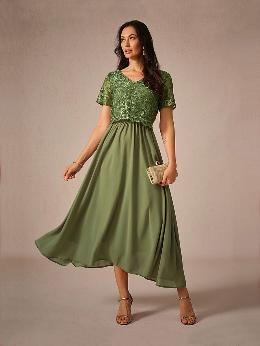 Chiffon Lace V Neck Short Sleeve Flared Midi Dress