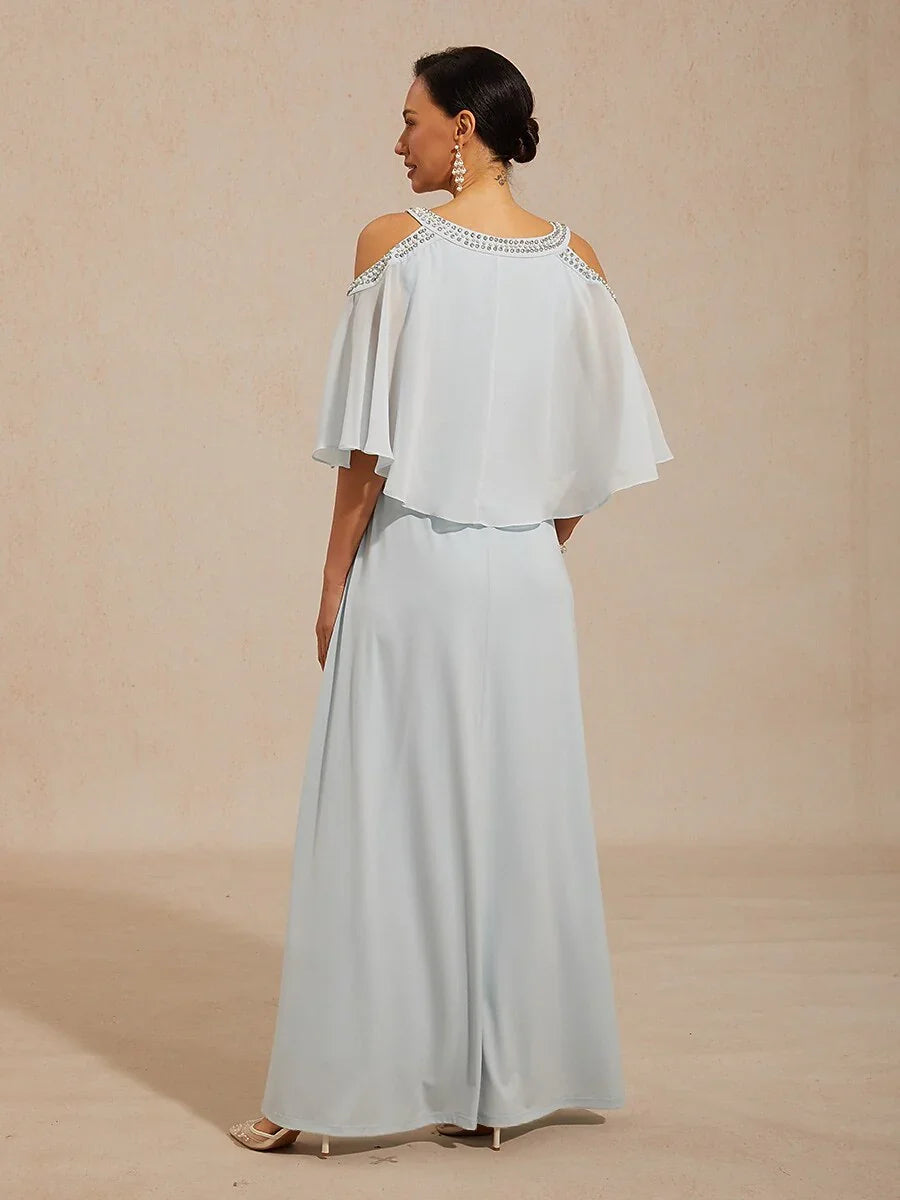 Cold Shoulder A-Line Chiffon Gown with Rhinestone