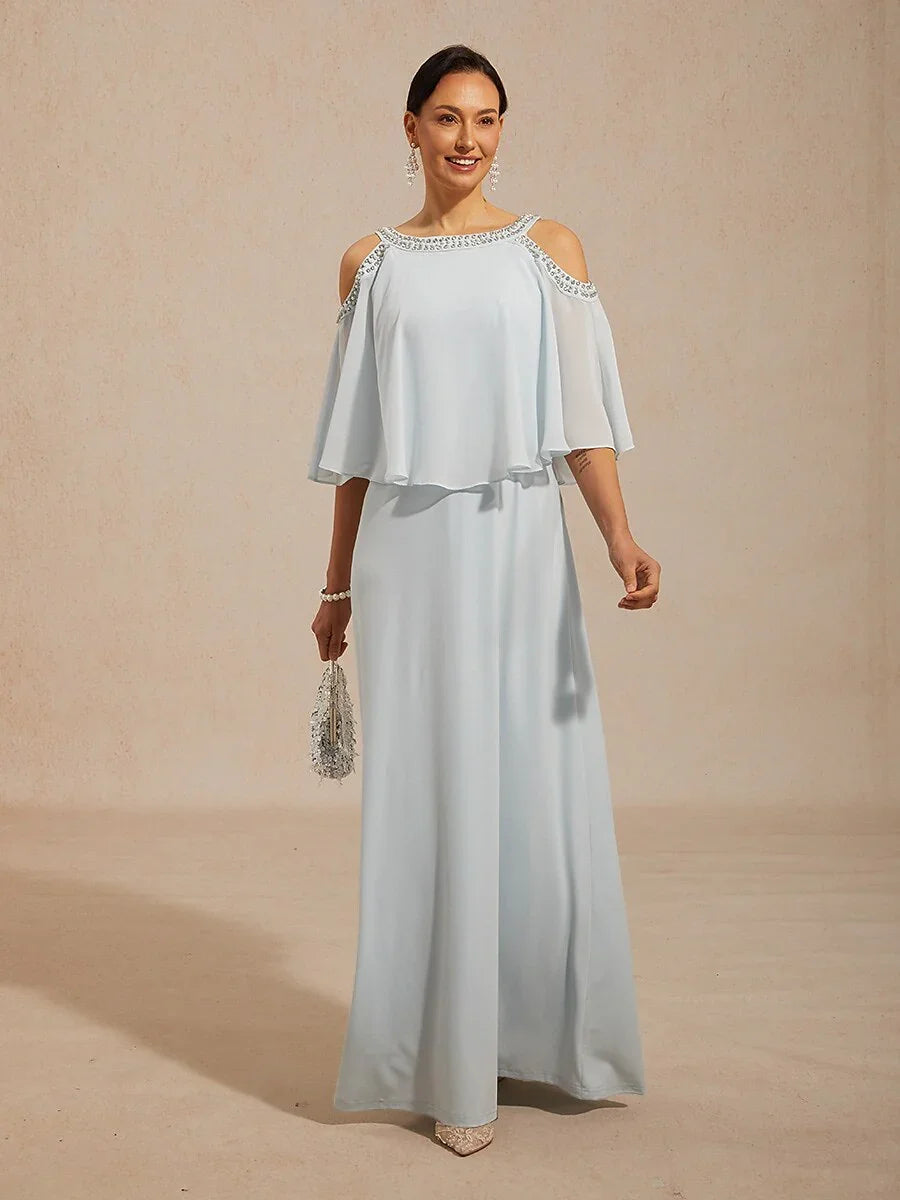 Cold Shoulder A-Line Chiffon Gown with Rhinestone