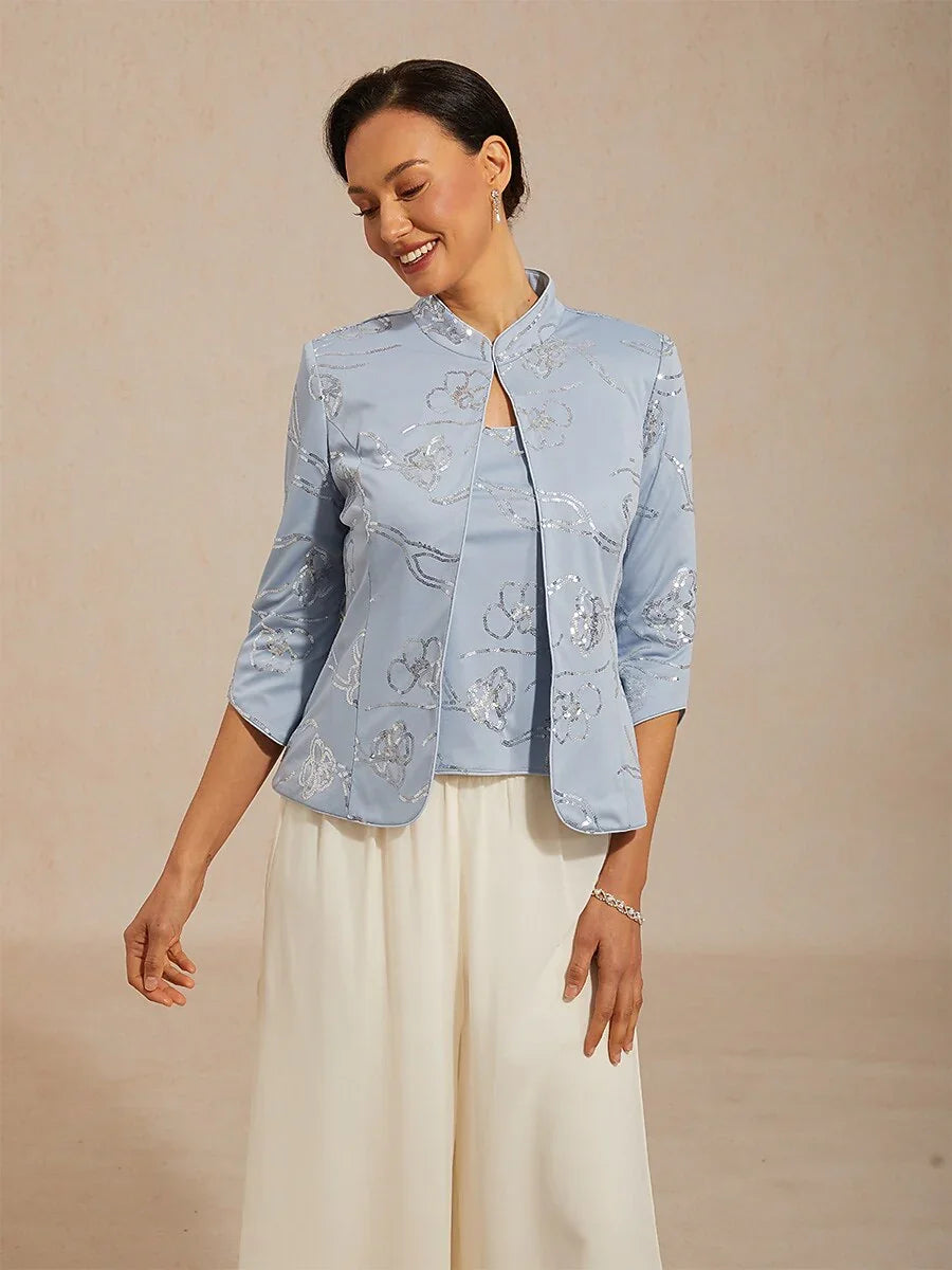 Elegant Mandarin Collar Sequin Twinset
