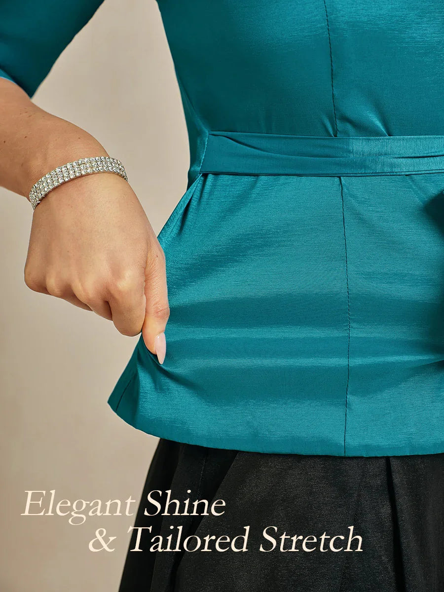 3/4 Sleeve Stretch Taffeta Blouse with Tie Waist Detail