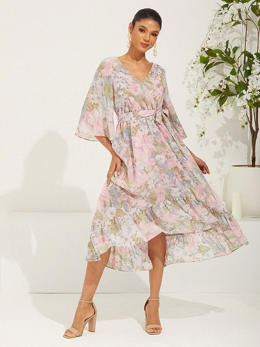 Floral V-Neck Ruffle Chiffon Maxi Dress