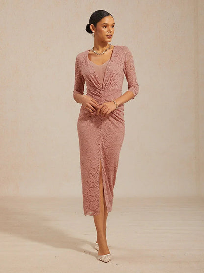 Lace Ruched Midi Dress with Front Slit