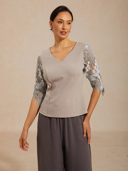 V-Neck Lace Sleeve Top with Embroidered Detail