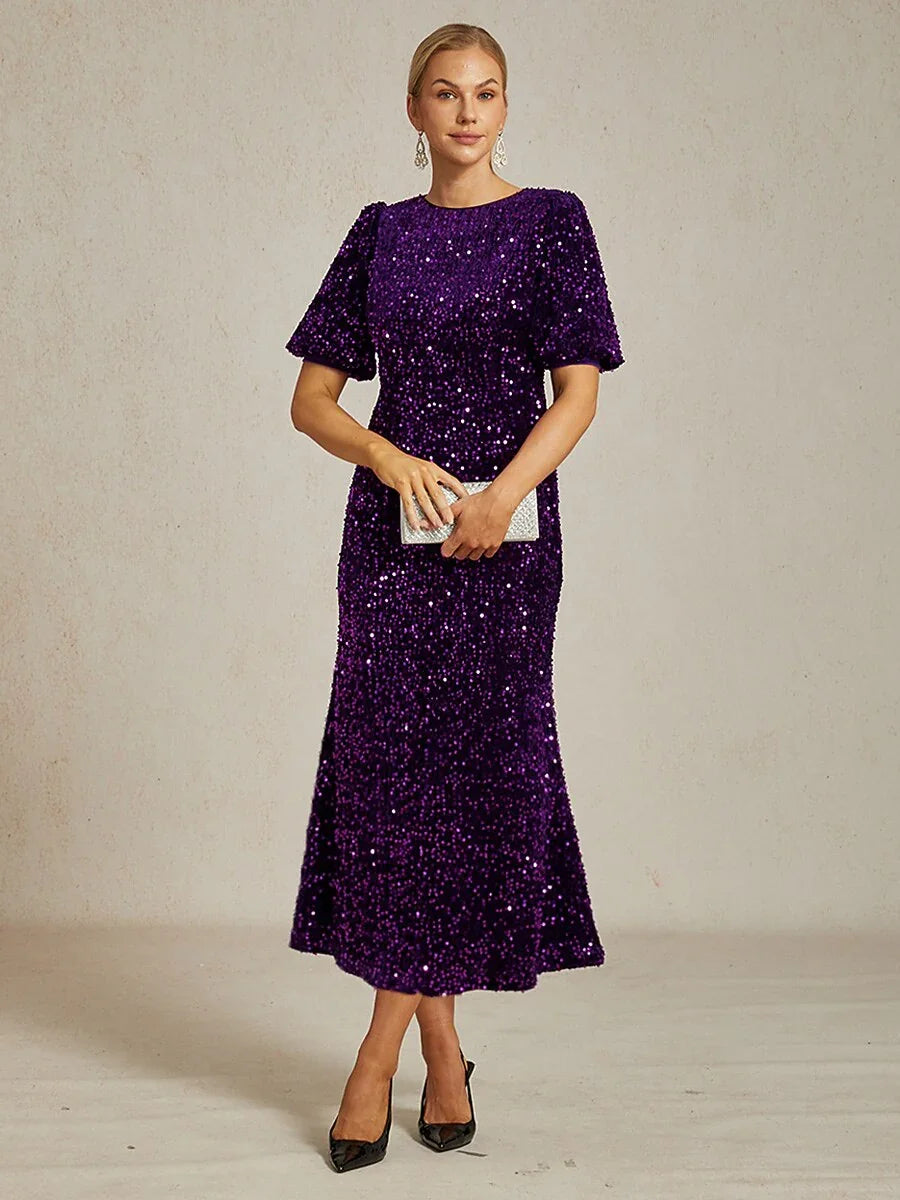 Velvet Sequin Midi Dress with Puff Sleeves