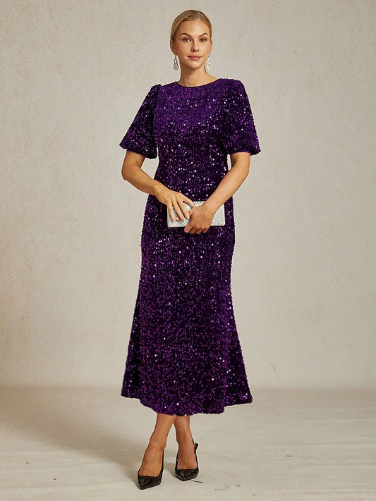 Velvet Sequin Midi Dress with Puff Sleeves