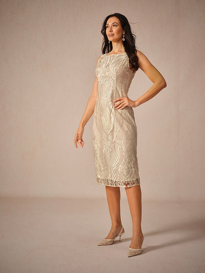 Embroidery Lace Boat Neck Sleeveless Dress