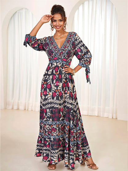 Vacation Ruffle Chiffon V-Neck Maxi Dress