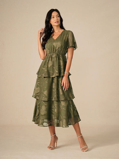 Lace V Neck Ruffle Layered  Flutter Dress