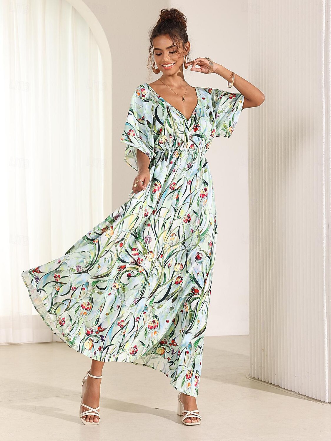 Tropical Floral Satin Maxi Dress