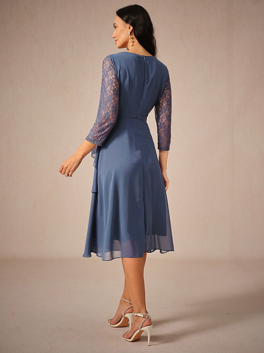 Lace Tiered Chiffon 3/4 Length Sleeve Dress