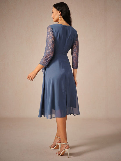 Lace Tiered Chiffon 3/4 Length Sleeve Dress