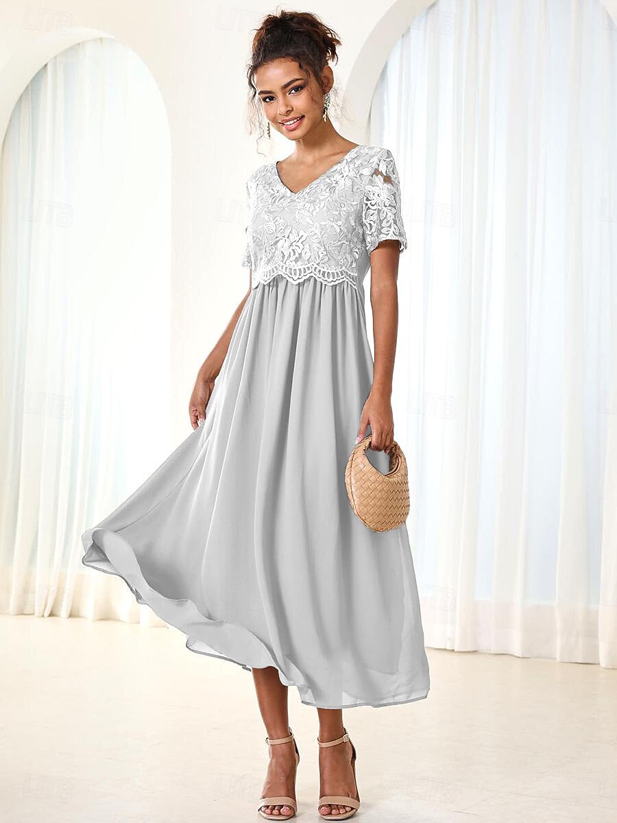 Chiffon Lace V Neck Short Sleeve Flared Midi Dress