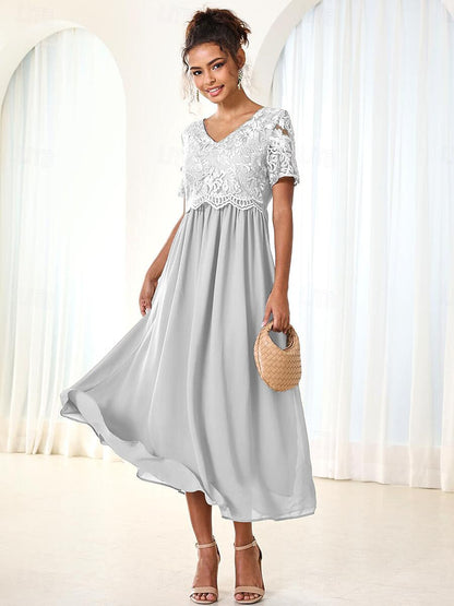 Chiffon Lace V Neck Short Sleeve Flared Midi Dress