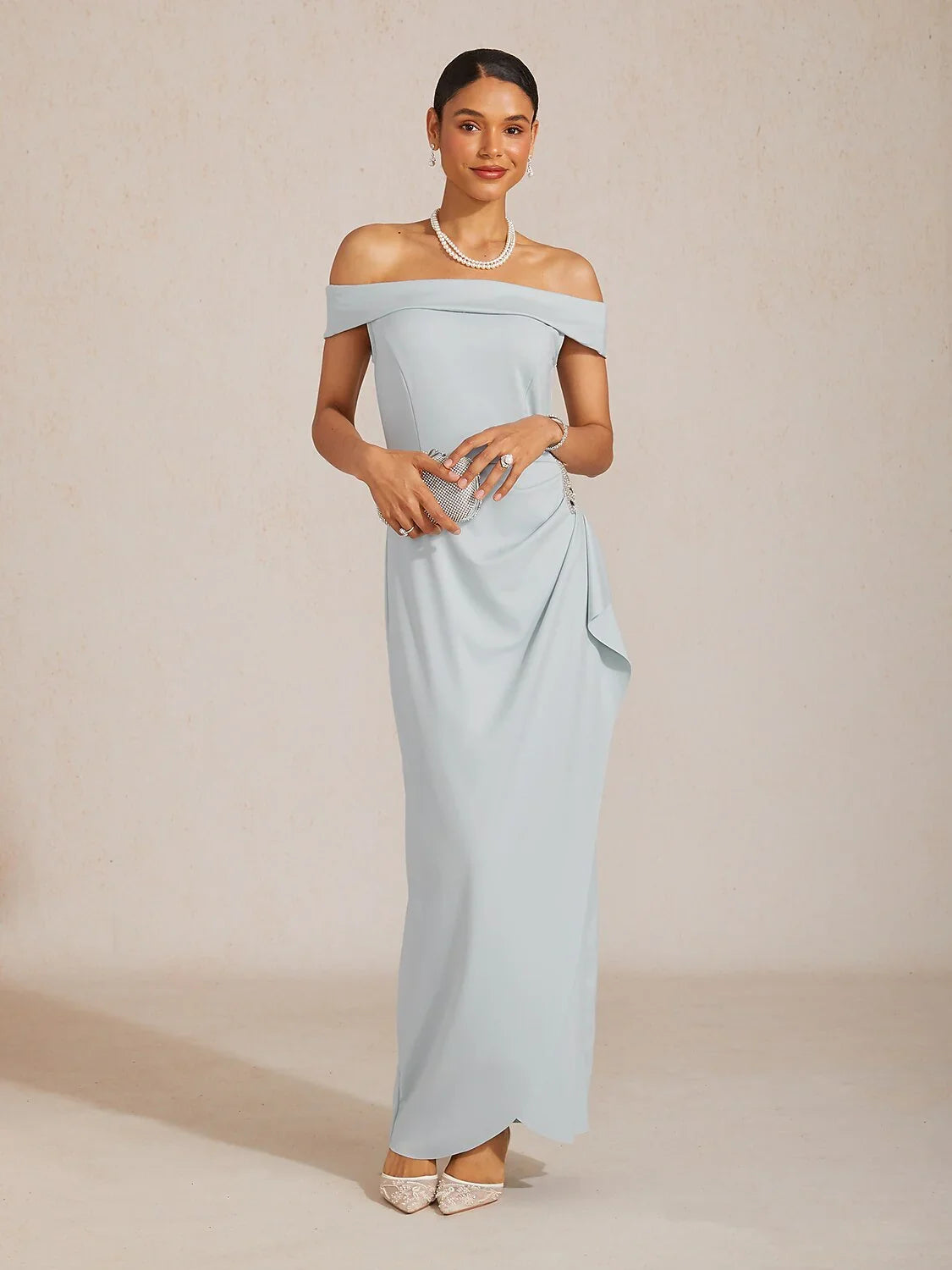 Off Shoulder Ruched Maxi Dress with Rhinestone Embellishment