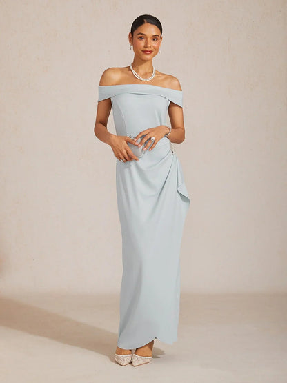 Off Shoulder Ruched Maxi Dress with Rhinestone Embellishment