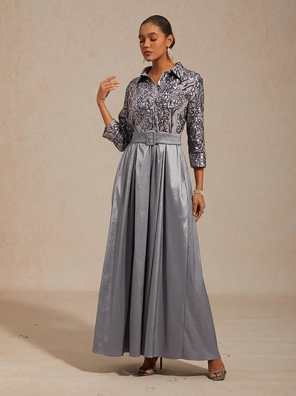 Stretch Taffeta Embroidered Cocktail Dress with Sequin Bodice